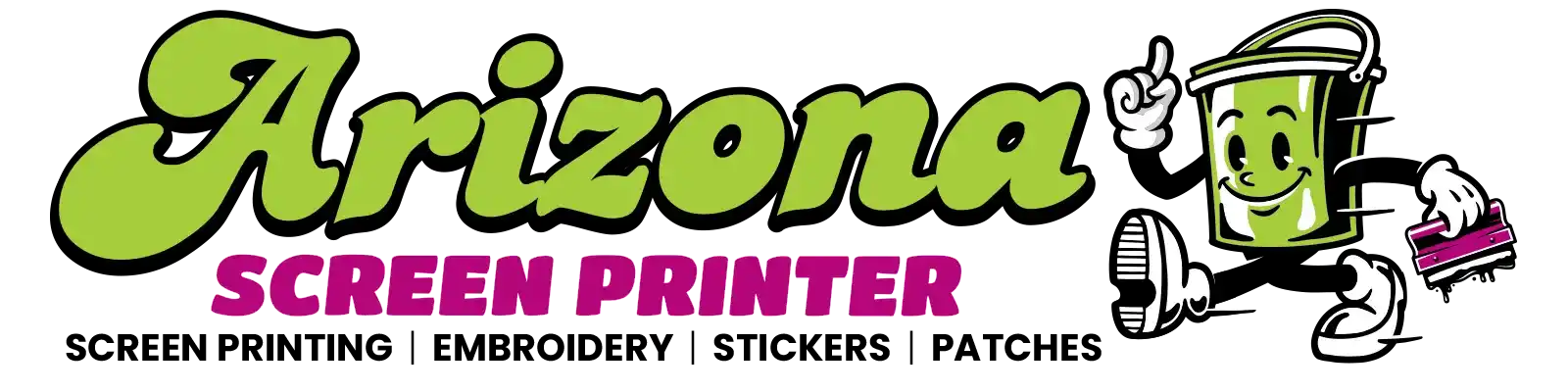 Logo for "Arizona Screen Printer" with "Arizona" in large green script and "Screen Printer" in bold pink letters. A cartoon smiling bucket character holds a squeegee and is giving a thumbs up.