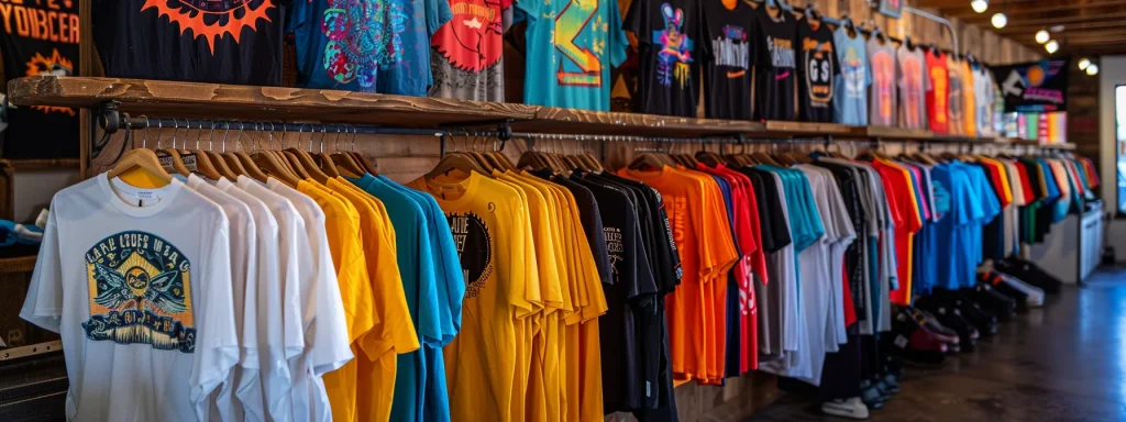 Vibrant display of custom screen-printed t-shirts in various colors and designs, showcasing Scottsdale's creative culture and local trends in wearable art.