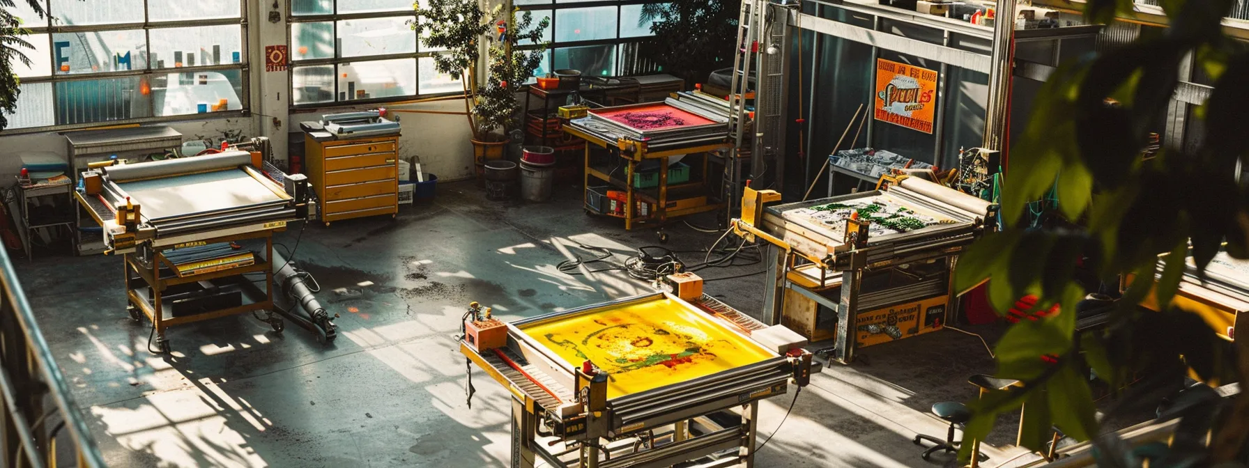 Screen printing workshop in Scottsdale with vibrant inks on mesh screens, surrounded by tools and equipment for custom apparel production.
