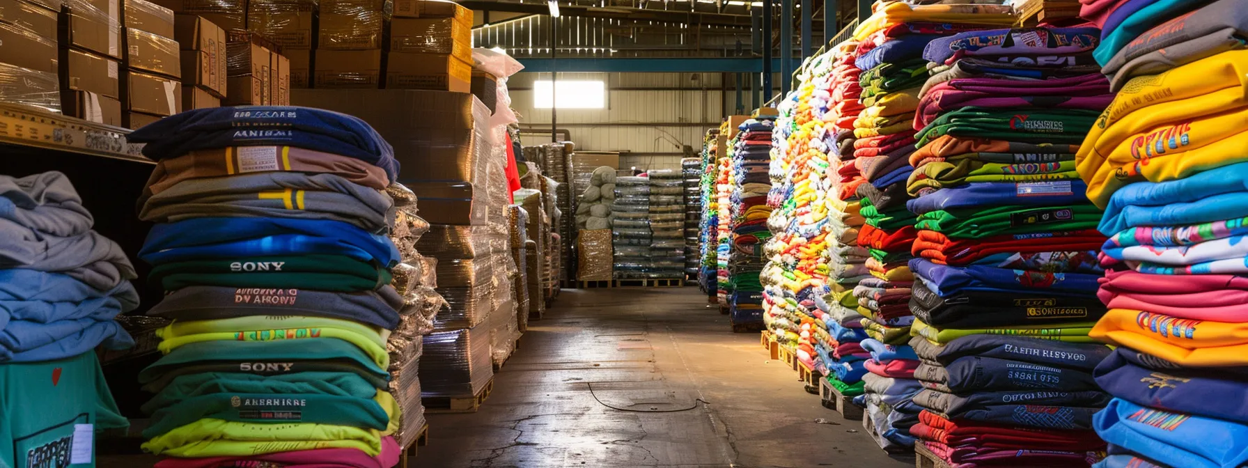 Vibrant warehouse interior filled with neatly stacked colorful custom t-shirts and boxes, illustrating bulk order options for screen printing and embroidery services.