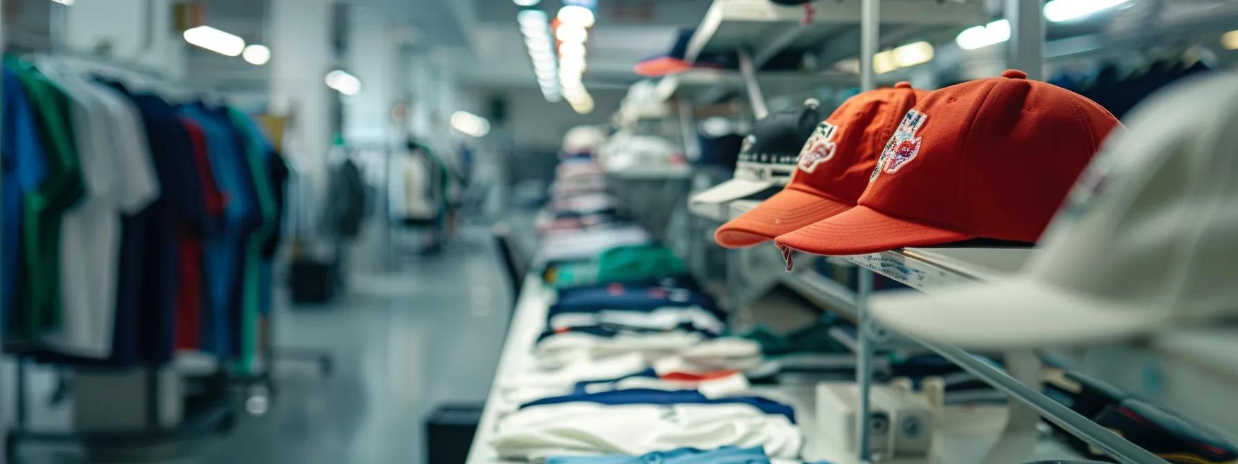 Caps and shirts displayed in a vibrant screen printing shop, showcasing colorful apparel options for custom designs in Scottsdale.