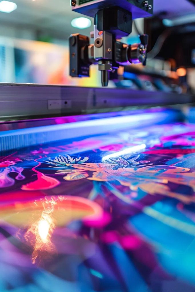 A digital printing machine printing a detailed design onto a t-shirt, showcasing vibrant colors and technology