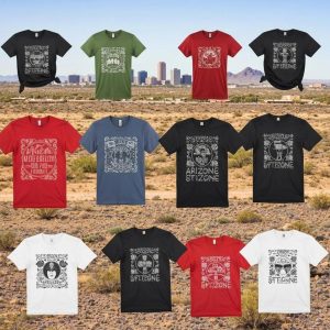Custom t-shirts displayed against an Arizona landscape, showcasing vibrant designs and quality printing
